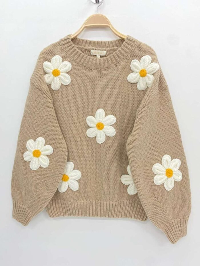 pull beige femme à marguerites automne 2024