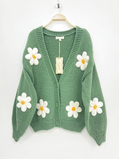 gilet pull vert à fleurs marguerites