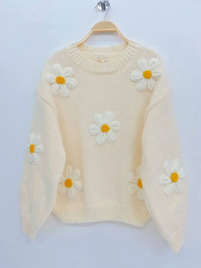 pull écru fleur marguerite